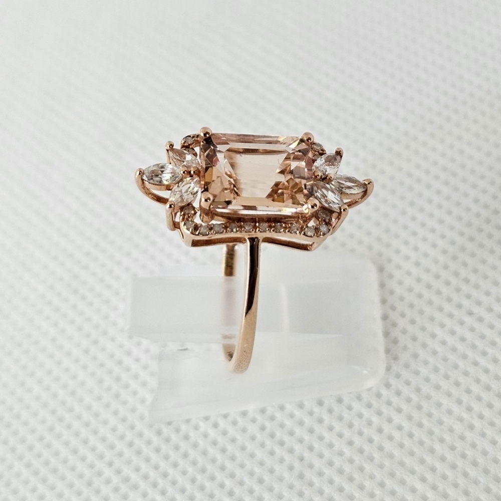 Natural 14K Rose Gold Morganite & White Zircon Ring Size 7.5! - Picture 5 of 9